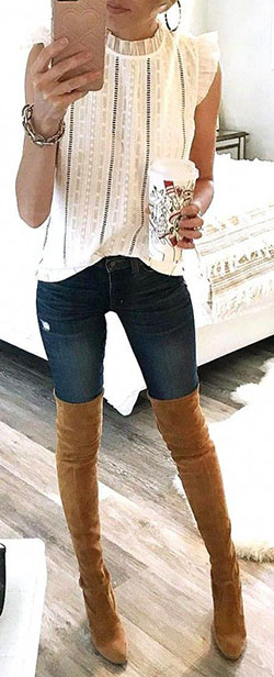 White outfit style with denim, jeans, top: summer outfits,  Cowboy boot,  White Outfit,  Baseball cap  