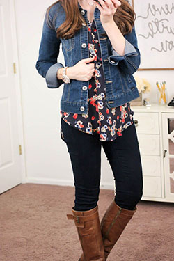 Denim jacket on printed top: Jean jacket,  shirts,  Riding boot,  Street Style,  Blue Outfit,  Floral Top Outfits,  Denim Jacket with Crop Top  