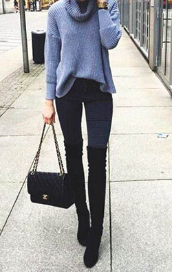 Outfits with thigh high boots and jeans: Black Outfit,  Boot Outfits,  Street Style,  Knee High Boot  