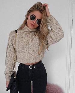 Turtle neck sweaters women, casual wear, polo neck, crop top: Crop top,  Polo neck,  Jeans Outfit,  Beige And White Outfit  