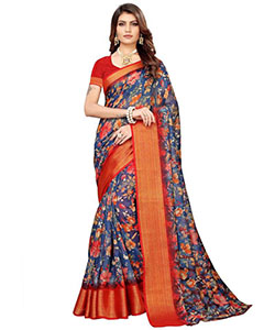Blue Printed Linen Saree With Blouse: 