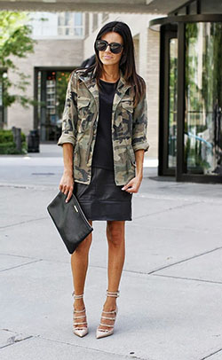 Military jacket women with dress: fashion model,  T-Shirt Outfit,  Military camouflage,  Street Style,  Cargo Jackets  