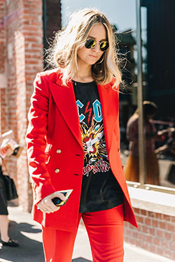 Suit with band tee, street fashion, t shirt: T-Shirt Outfit,  Street Style,  Orange And Pink Outfit  