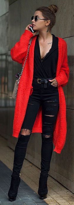 Red colour outfit ideas 2020 with sweater, blouse, jeans: Street Style,  Red Outfit,  Cardigan Outfits 2020  