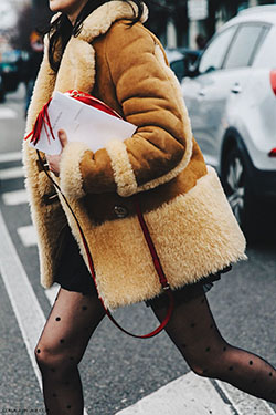 Coach shearling jacket street style: winter outfits,  Fur clothing,  Hot Girls,  Shearling coat,  Street Style  