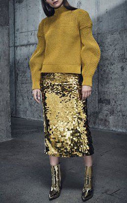 Colour outfit, you must try sally lapointe skirt, sally lapointe, fashion model, pencil skirt, polo neck: Polo neck,  Pencil skirt,  fashion model,  Sequin Dresses,  Sally LaPointe,  yellow outfit  