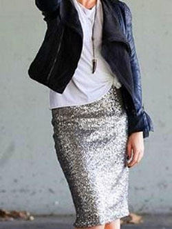 Silver sequin skirt outfit, sequin skirt, pencil skirt, casual wear, t shirt: Pencil skirt,  T-Shirt Outfit,  White Outfit,  Sequin Skirts  