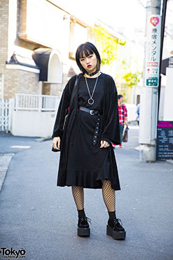 Outfit ideas dark harajuku style fishnet stockings black, japanese street fashion, little black dress: Vintage clothing,  Black Outfit,  Street Style,  Little Black Dress,  Japanese Street Fashion,  Creepers Outfits  