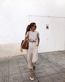 White colour outfit, you must try with trousers, shirt, top: T-Shirt Outfit,  White Outfit,  Street Style,  Slouchy Pants  