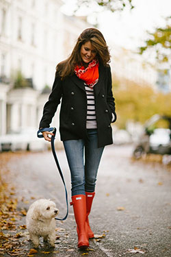 Red trendy clothing ideas with trousers, skirt, jeans: Wellington boot,  Street Style,  Boot Outfits,  Red Outfit  