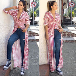 Blusones largos de rayas, street fashion, casual wear: Street Style,  Pink Outfit,  Jeans & Kurti Combination  
