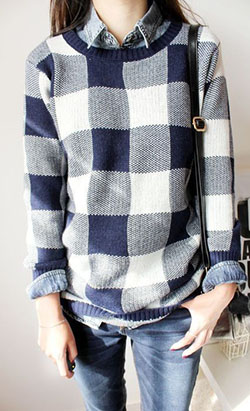 Blue colour outfit ideas 2020 with dress shirt, sweater, blouse: Crew neck,  shirts,  Blue Outfit,  Plaid Outfits  