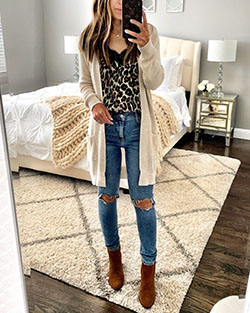Outfit with leopard mules knee high boot, leopard crossbody: Riding boot,  T-Shirt Outfit,  Knee High Boot,  Cardigan Outfits 2020  