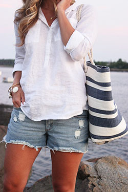 White linen shirt with shorts women: White Outfit,  Street Style,  Boating Outfits  