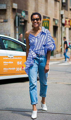 Wear jeans in summer, street fashion, casual wear, t shirt: T-Shirt Outfit,  Street Style,  Turquoise And Blue Outfit,  One Shoulder Top  