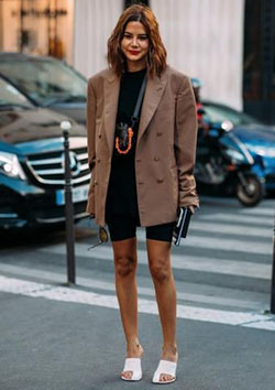 Bike shorts with blazer black bike shorts, high heeled shoe: Cycling shorts,  Street Style,  High Heeled Shoe,  Brown Outfit,  Blazers And Shorts Outfit,  Brown Blazer  