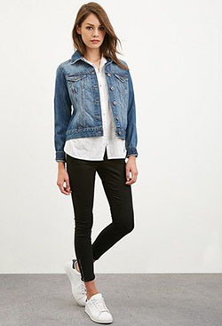 Denim jacket and button down shirt outfit: Jean jacket,  shirts,  Electric blue,  Travel Outfits,  Electric Blue And White Outfit,  Denim Jacket with Crop Top  