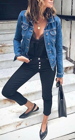 Colour combination with jean jacket, trousers, jacket: Jeans Outfit,  Jean jacket,  T-Shirt Outfit  