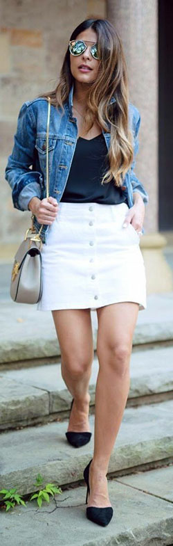Denim white skirt outfit, street fashion, jean jacket, denim skirt, t shirt: Jean jacket,  Hot Girls,  T-Shirt Outfit,  Street Style,  White And Blue Outfit  