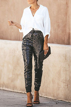 Cute outfit ideas wear sequin joggers slim fit pants, bell bottoms: White Outfit,  Sequin Dresses,  Bell Bottoms,  Sequin Pants,  Sequin Outfits  