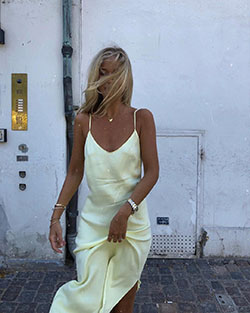 Pastel yellow silk dress, sheer fabric, slip dress, long hair: Sheer fabric,  Long hair,  Slip dress,  Yellow And White Outfit  