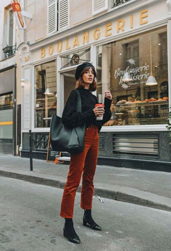 Orange classy outfit with trousers: fashion blogger,  fashion goals,  Minimalist Fashion,  Street Style,  Orange Outfits,  Corduroy Pant Outfits  