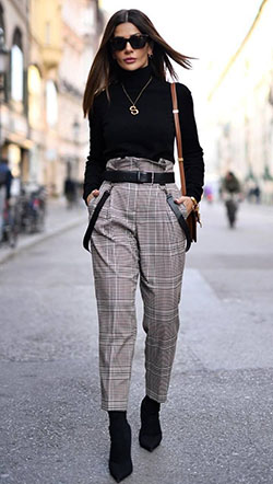 Plaid pants and boots outfit: fashion model,  Street Style,  Black And White Outfit,  Tweed Pants,  Checked Trousers  
