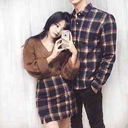 Clothing ideas with polo shirt, hoodie, tartan: T-Shirt Outfit,  Couple costume,  Matching Couple Outfits  