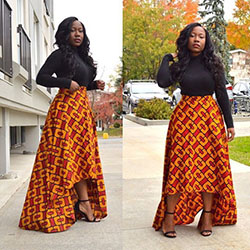 High low skirt ankara african wax prints, street fashion: Street Style,  Roora Dresses,  Yellow And Orange Outfit,  African Wax Prints  