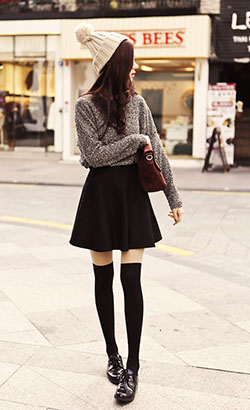 Designer outfit cute fashion outfits classic black skirt, street fashion: Black Outfit,  Knee highs,  Street Style,  Thigh High Socks  