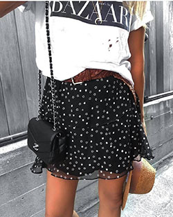 White and black colour outfit ideas 2020 with miniskirt, polka dot, shorts: T-Shirt Outfit,  Street Style,  White And Black Outfit  