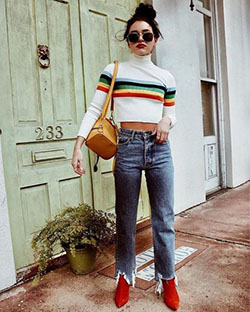 Look com bota vermelha e calça jeans: Crop top,  Street Style,  Orange And White Outfit,  Outfit With Boots  