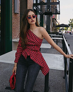 Red outfit Pinterest with fashion accessory, vintage clothing, crop top: Crop top,  Vintage clothing,  Fashion week,  Fashion accessory,  Street Style,  Red Outfit,  One Shoulder Top  