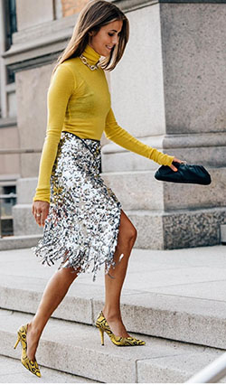 Yellow colour outfit, you must try with fashion accessory, pencil skirt, sweater: Polo neck,  Pencil skirt,  fashion model,  Sequin Dresses,  Fashion accessory,  Street Style,  yellow outfit  