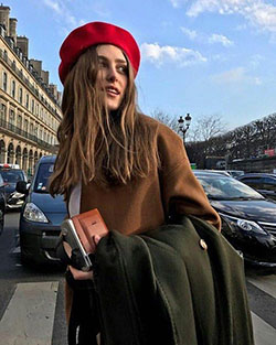 French style with beret, fashion accessory, french fashion, street fashion, red beret, crop top: Crop top,  fashion goals,  Fashion accessory,  Street Style,  Red beret,  Outfits With Beret  