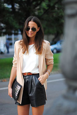 High waisted leather shorts outfit: White Outfit,  Artificial leather,  Street Style,  Leather Shorts  