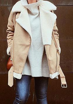 Veste en peau lainée zara: Trench coat,  winter outfits,  Beige And White Outfit  