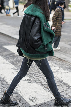 Emerald shearling leather jacket, winter clothing, leather jacket, street fashion: winter outfits,  Leather jacket,  green outfit,  Street Style  