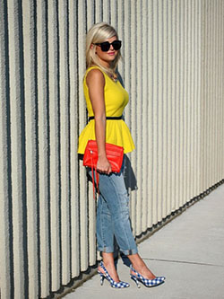 Orange and yellow outfit ideas with denim, jeans, coat: T-Shirt Outfit,  Street Style,  Orange And Yellow Outfit,  Peplum Tops,  yellow top  