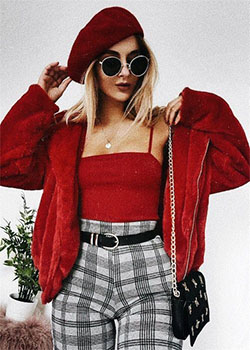 Plaid pants with red top: Sleeveless shirt,  Maroon And Red Outfit,  Outfits With Beret,  Checked Trousers  