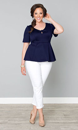 White pants outfit plus size | White Peplum Top And Jeans: Capri pants,  White And Blue Outfit,  Peplum Tops  