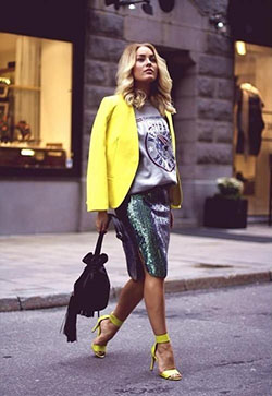 Sequin skirt with sweatshirt, street fashion, fashion model, pencil skirt, t shirt: Pencil skirt,  fashion model,  T-Shirt Outfit,  Sequin Dresses,  Street Style,  yellow outfit  