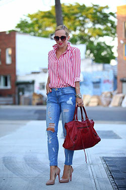 Red and white striped shirt outfit: Street Style,  4th July Outfit  