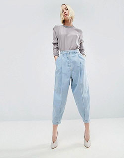 White and blue colour outfit, you must try with mom jeans, trousers, jeans: Mom jeans,  fashion model,  White And Blue Outfit,  Twinset Slouchy Jeans,  Slouchy Pants  