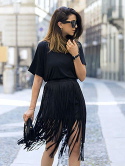 Instagram dress fringed skirt outfit little black dress, street fashion: fashion model,  T-Shirt Outfit,  Black Outfit,  Street Style,  Little Black Dress,  Fringe Skirts  