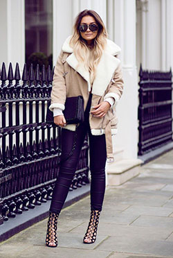 Outfit instagram shearling coat look, winter clothing, leather jacket, shearling coat, street fashion: winter outfits,  Leather jacket,  Shearling coat,  Street Style,  Purple Outfit,  Wool Coat,  Lounge jacket,  Winter Coat  
