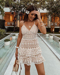 Beauty and lace pale blush crochet lace mini dress: Cocktail Dresses,  fashion model,  Brown And White Outfit,  Lace Outfits,  Crochet Dress  