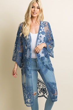 Outfit Stylevore blue lace kimono, long hair: Long hair,  Blue Outfit,  Jeans & Kurti Combination  