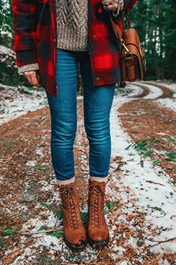Red classy outfit with mom jeans, tartan, denim: Riding boot,  Knee High Boot,  Red Outfit,  Hiking Outfits  