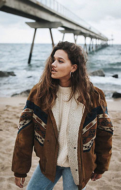 Brown lookbook dress with jacket, coat: Lapel pin,  Long hair,  Brown hair,  Surfer hair,  Flight jacket,  Brown Outfit,  Hiking Outfits  